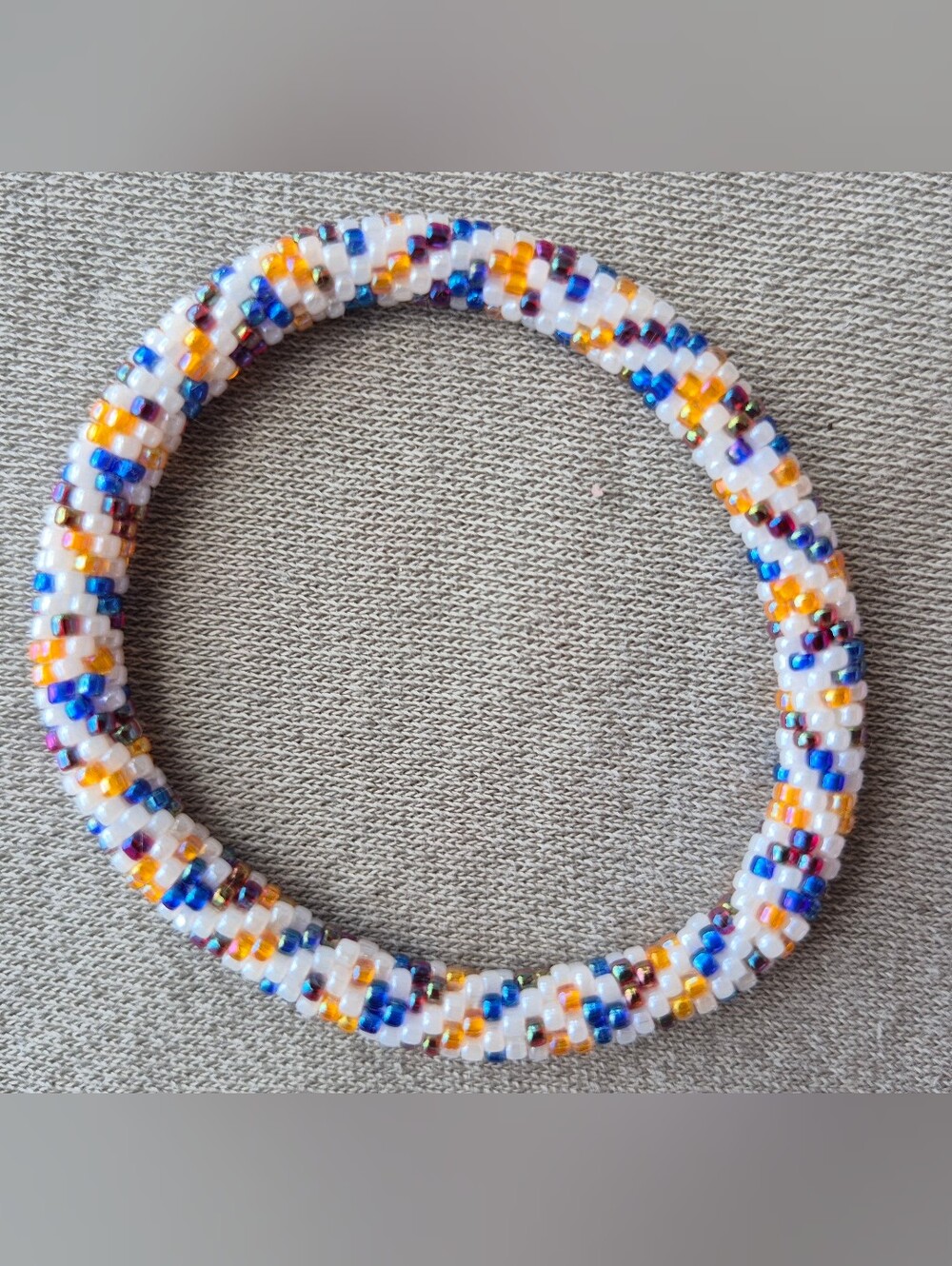Beaded Bracelet - White with Blue & Orange Accents